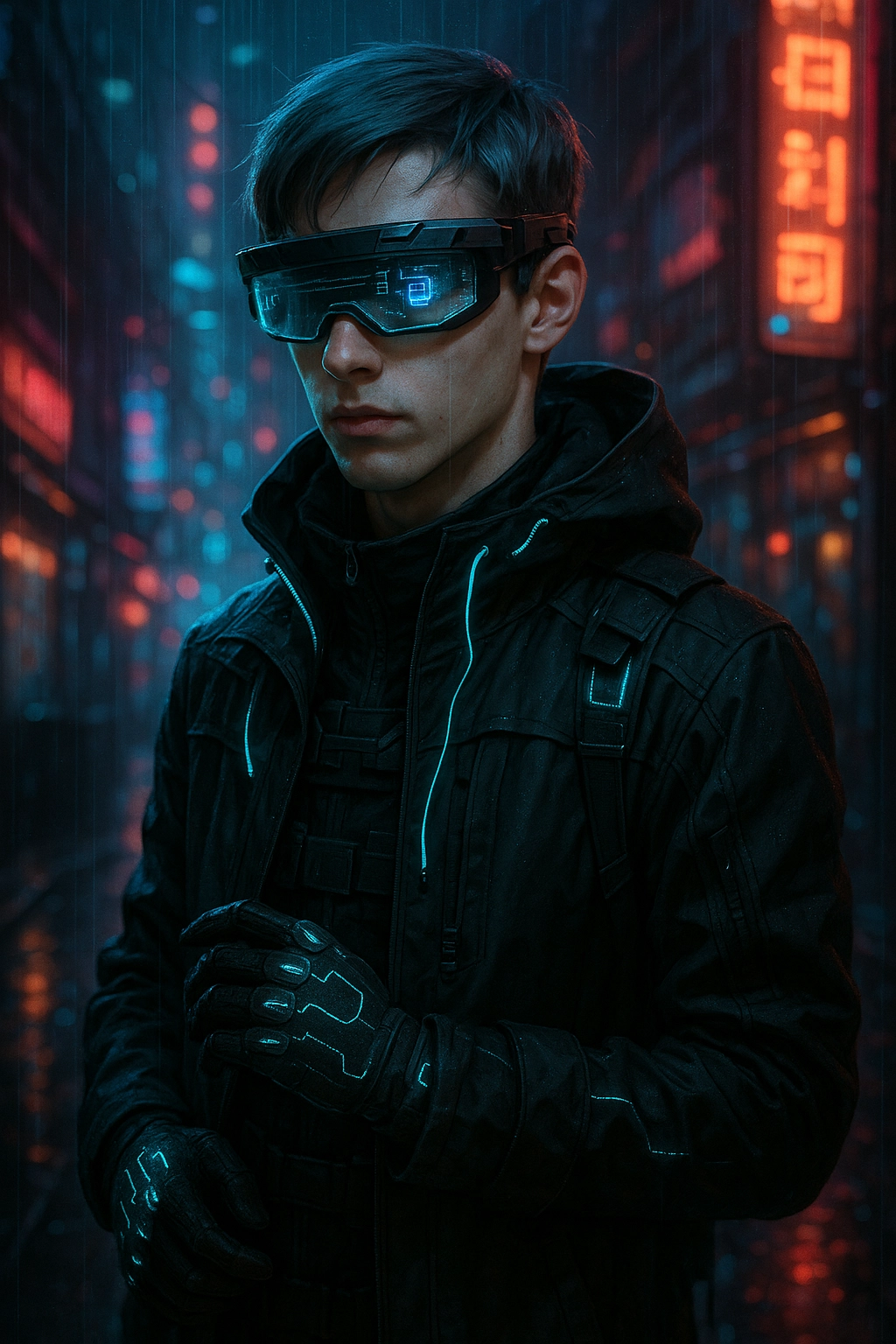 Pale skin, angular face, short silver-blue hair, glowing cybernetic eyes, lean frame.