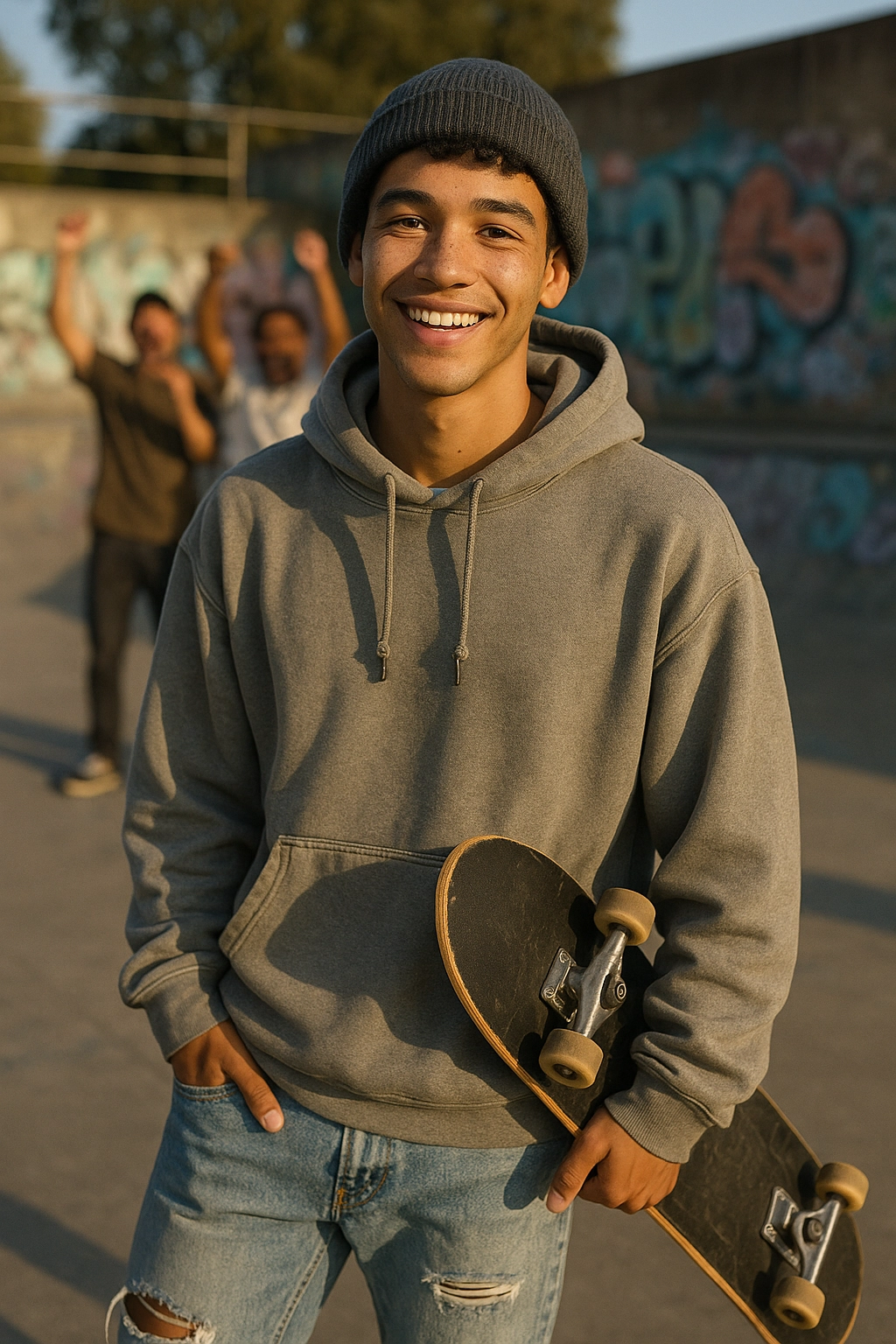 Light brown skin, short curls, slim frame, youthful smile, subtle freckles.