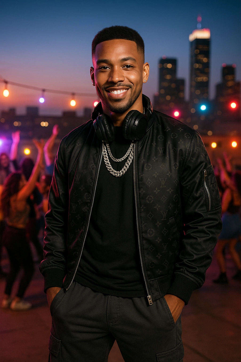 Warm brown skin, medium fade haircut, pierced ears, confident smile, fit frame.