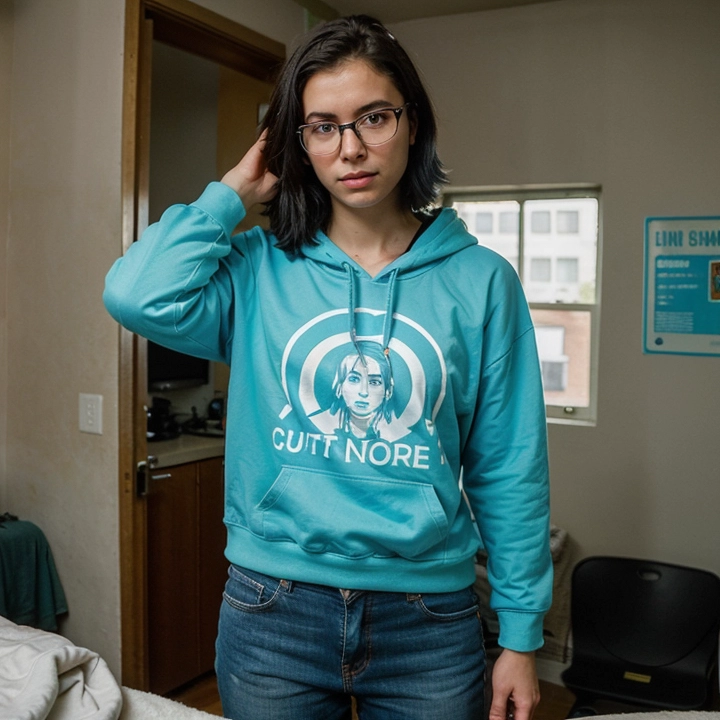 A young female tech student with light olive skin, short choppy blue hair, round glasses and curious eyes, wearing a graphic hoodie with code designs, dark jeans, utility smartwatch and crossbody tech bag, sitting in a cozy dorm room glowing with screen light, surrounded by posters of AI and sci-fi tech, keyboard lit in neon blue.