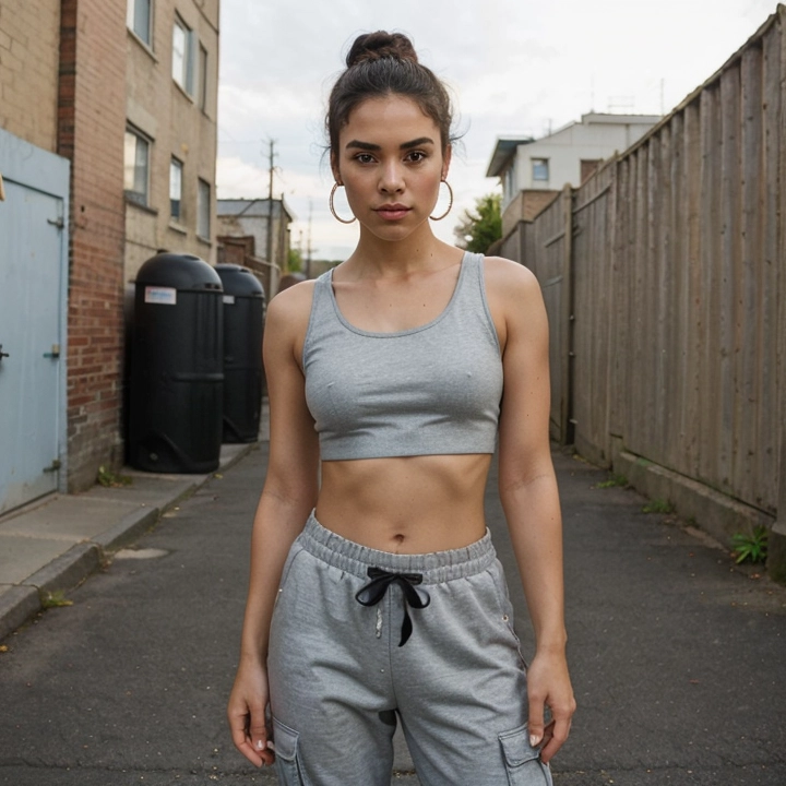 Medium brown skin, tight curls pulled into a bun, sharp brows, expressive eyes, lean and flexible.