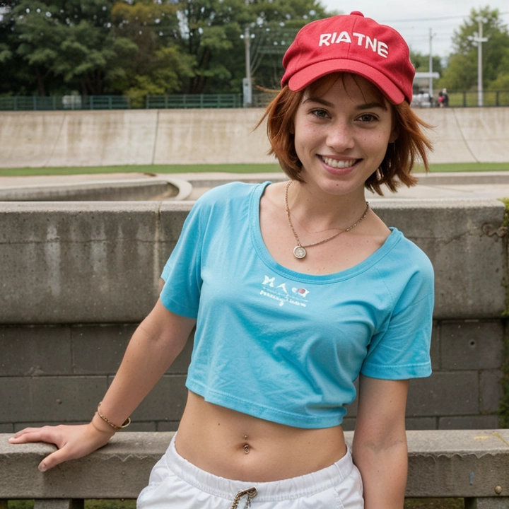 Tanned skin, freckles across nose, short red hair under a cap, energetic grin, strong legs.